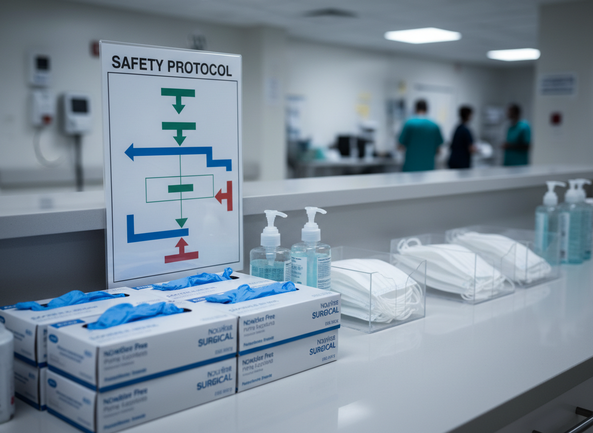 A close-up, photographic view of a hospital workstation countertop displaying neatly aligned non-branded surgical gloves, disposable masks, hand sanitizer bottles, and a laminated, text-free flowchart-style safety poster represented only by colored shapes and arrows. The surface is smooth, light gray, and spotless, with a subtle reflection enhancing the sense of cleanliness. Overhead clinical lighting creates even, shadow-free illumination, while a softly blurred background hints at an active ward corridor with muted tones. Shot from a slightly elevated angle with shallow depth of field, the composition centers the protective equipment, evoking preparedness, rigorous infection control, and a commitment to patient safety and quality in everyday practice.