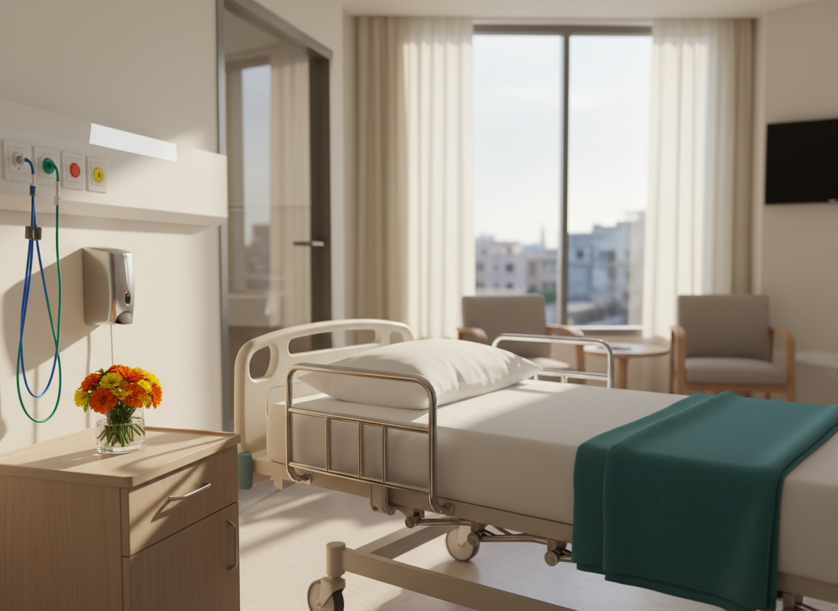 A spotless patient room in a contemporary Pakistani hospital, featuring a single adjustable bed with crisp white linens and neatly folded teal blankets, surrounded by carefully arranged safety equipment: raised side rails, a clearly visible call button panel without readable text, color-coded tubing, and a wall-mounted hand hygiene dispenser. A vase with fresh marigolds sits on a compact bedside cabinet, adding warmth. Soft afternoon light enters through a large window with sheer curtains, casting gentle shadows and a serene atmosphere. Photographic realism, eye-level framing with rule-of-thirds composition, ensuring sharp detail on the bed area while the background remains softly blurred, emphasizing comfort, safety, and dignified care.