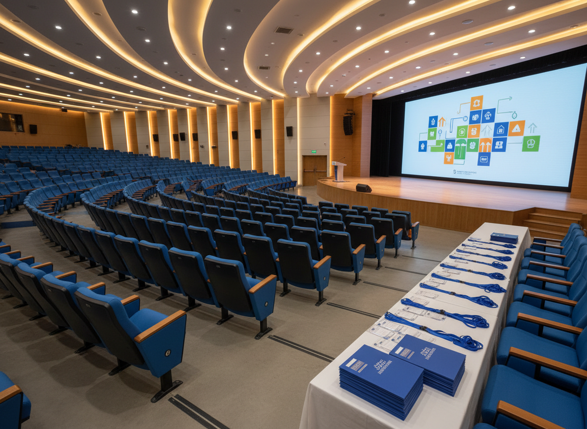 A modern medical auditorium set up for a patient safety conference in Pakistan, with rows of empty, cushioned seats facing a wide stage. Onstage, a sleek podium stands beside a large projection screen displaying an abstract slide of colorful blocks and icons in place of text. Along one side, a registration table holds lanyards, blank name badges, and neatly stacked folders symbolizing membership materials. Warm, indirect ceiling lighting bathes the room, creating a welcoming, professional atmosphere. Photographic realism, wide-angle shot from the back of the hall with strong leading lines drawing attention to the stage, capturing the sense of organized, high-level collaboration focused on safety and quality improvement.