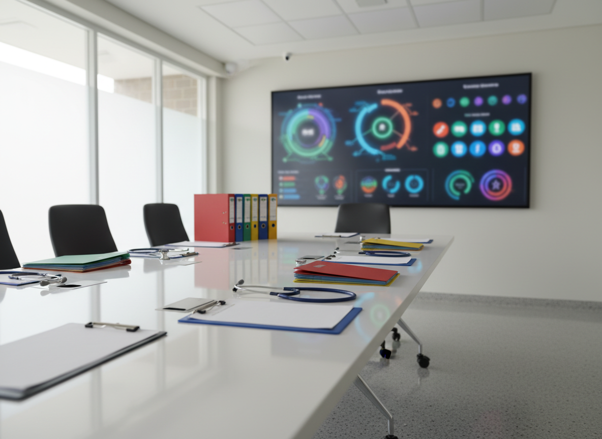 A meticulously organized hospital safety command center with a large, wall-mounted digital dashboard displaying abstract, colorful charts and icons representing patient safety indicators, infection rates, and quality metrics, all deliberately blurred to remove legible text. In the foreground, a polished white conference table holds neatly arranged clipboards, stethoscopes, and color-coded folders, symbolizing protocols and checklists. Soft, diffused daylight filters through frosted glass panels, creating a calm, clinical glow with gentle reflections on the floor. Photographic realism, eye-level composition with a slight wide-angle lens, sharp focus on the table leading the eye toward the dashboard, conveying professionalism, vigilance, and a culture of safety in a modern Pakistani healthcare environment.